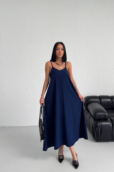 Neşeli Butik Μπλε ναυτικό λινό φόρεμα - με λουράκι και επένδυση, NBG017