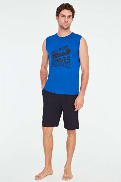 Mod Collection 3835 Men's Saks Blue Athlete Shorts Pajama Set-saks