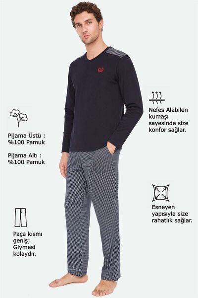 Mod Collection 3812 Erkek Lacivert V Yaka Pijama Takımı-lacivert
