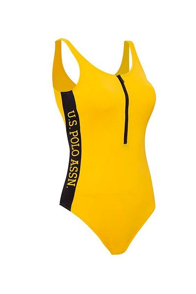 U.S. Polo Assn. Costum de baie galben pentru damă, cu decolteu în U și fermoar