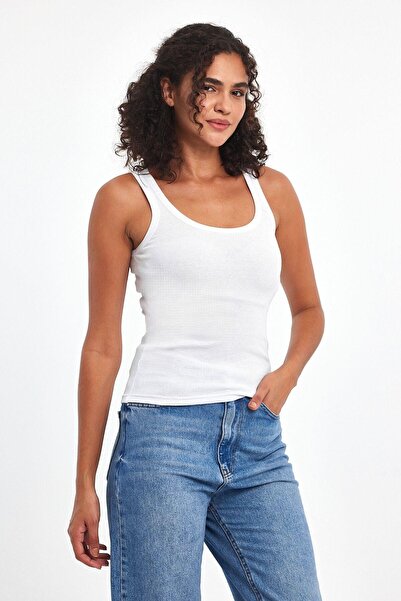mmetalic Women's White Ribbed Look Thick Basic Tank Top with Straps