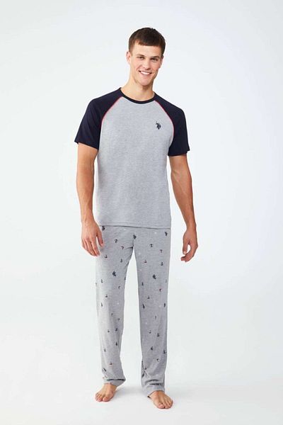 U.S. Polo Assn. Σετ ανδρικών πιτζάμες με στρογγυλή λαιμόκοψη σε γκρι μελανζέ