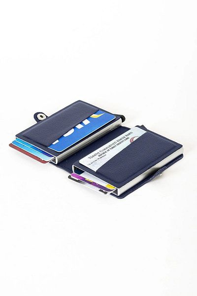 tuldar Dark Blue Leather - Automatic Card Shooting Preventer, Dual Mechanism Dual Mechanism Cardhold and Wallet