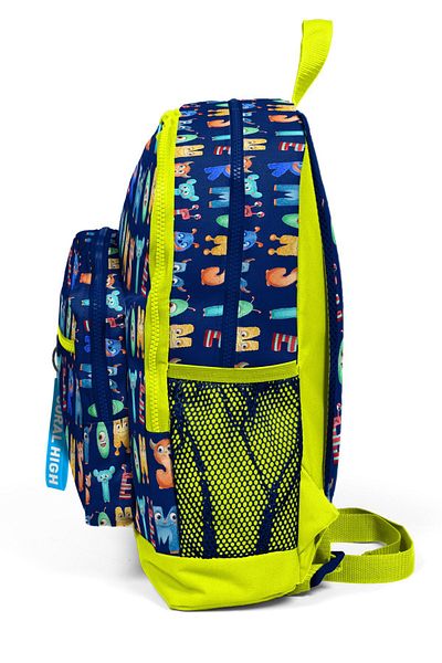 Coral High Kids Navy Blue Neon Yellow Monster Patterned Four Compartment School Backpack 23726