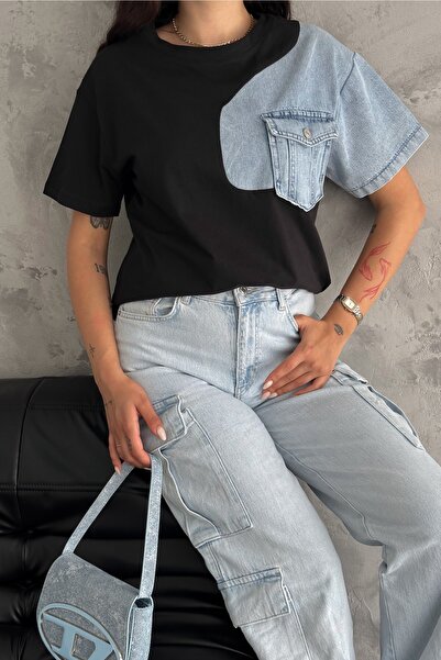 FEMELLE Black Denim Detailed Single Pocket Women's Cotton T-Shirt
