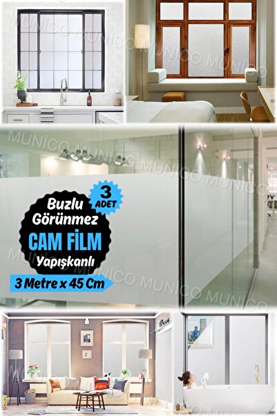 Munico 3 Adet x 3 Metre x 45 Cm Duşakabin Banyo Camı Kaplama Yapışkanlı Film Mat Beyaz Cam Filmi Buzlu Film