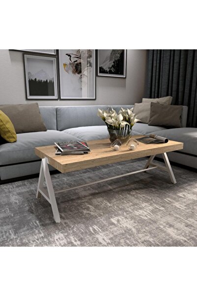 Mavienerji Dekoratif Ahşap Orta Sehpa Metal Sehpa Beyaz