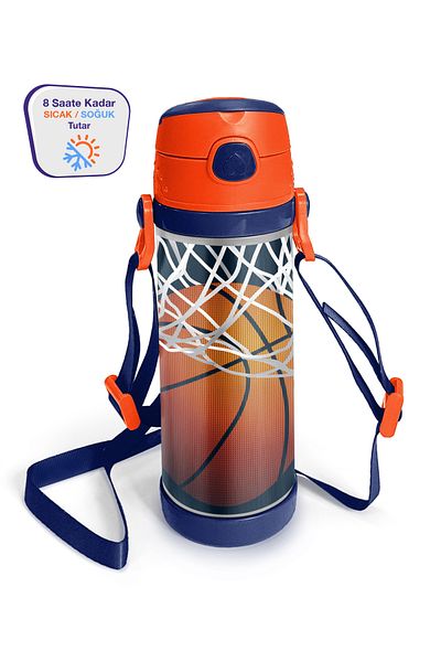 Coral High Kids Dark Blue Orange Basketball Patterned Steel Thermos with Straw 500 Ml 11927