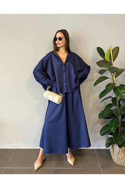 My Blog Navy Blue Wide Leg Trousers Set - Bat Sleeve Shirt