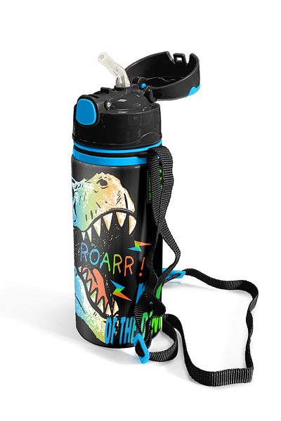 Coral High Kids Gray Dinosaur Patterned Aluminum Flask with Straw 600 Ml 11944