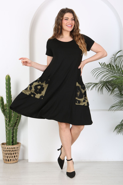 Madwilo One Size Casual Viscose Dress - Black Khaki Tiger Pattern and Bag Pocket Detail