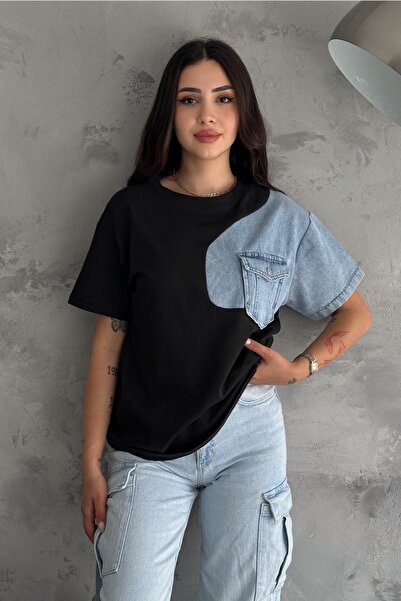 FEMELLE Black Denim Detailed Single Pocket Women's Cotton T-Shirt