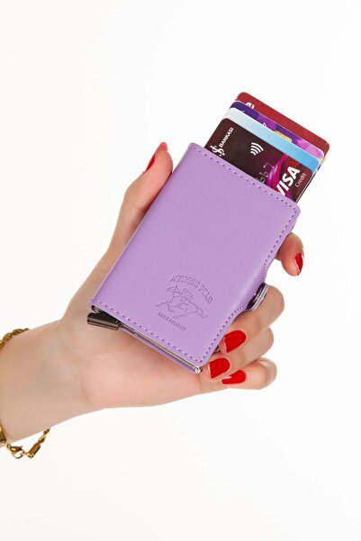 tuldar Λιλά Δερμάτινο - Αλουμίνιο Διπλός Μηχανισμός Αυτόματη Κάρτα Αντι-Σκοποβολής Θήκη κάρτας και Πορτοφόλι