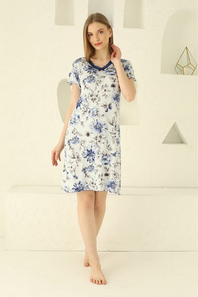 ERDENİZ TEKSTİL Women's V-Neck Cotton Nightgown - Above Knee, Short Sleeve