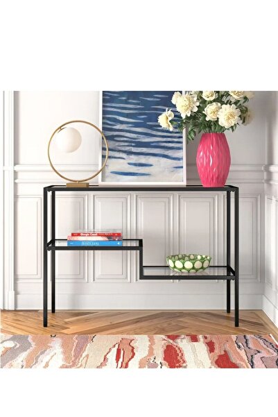 tino furniture Vatikan Siyah Metal Cam Raflı Dresuar Konsol