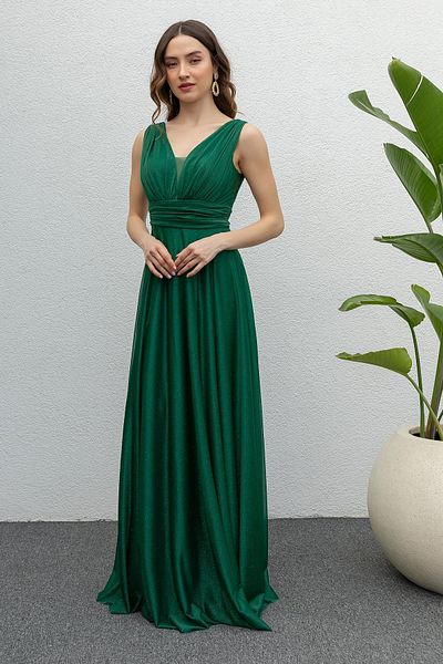 Neşeli Butik Γυναικείο βραδινό φόρεμα από σμαραγδένιο ντραπέ τούλι - NB2030