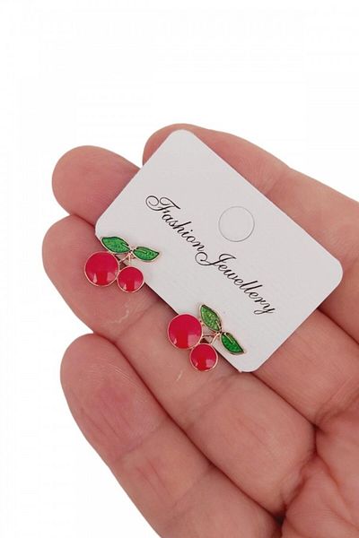 AKIN AKSESUAR HEDİYELİK Small Size Enameled Cherry Figured Earrings