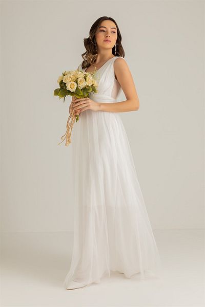 Neşeli Butik Rochie de seara de dama drapata din tul alb - NB2030