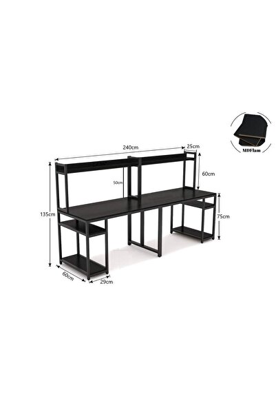 Zizuva Tasarım 2 Kişilik Raflı Ergonomik Siyah Çalışma Masası