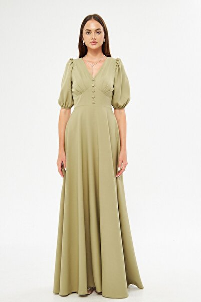 Bidoluelbise Μπαλόνι μανίκι V-λαιμόκοψη Ζώνη κορσάζ Λεπτομέρεια Διακοσμητικό στήθος με πλισέ πλισέ υφαντό ύφασμα Maxi φόρεμα