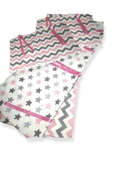 Bebek Özel Bebek Çocuk Beşik Kenar Koruma 50x90 Anne Yanı (4 Parça) Pembe Gri...