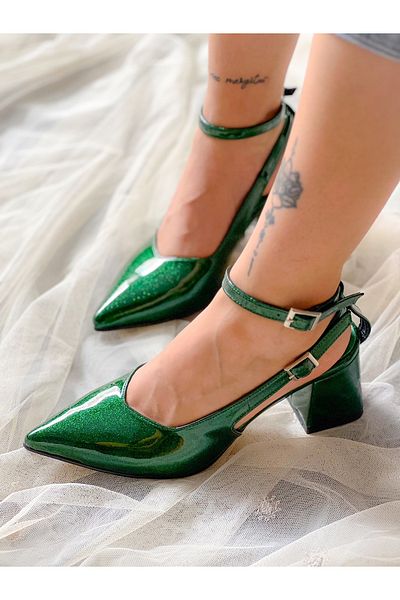 irmona Green Shiny Glitter - Sandale clasice cu vârf ascuțit cu curea cu toc scăzut, exclusivitate Dubai