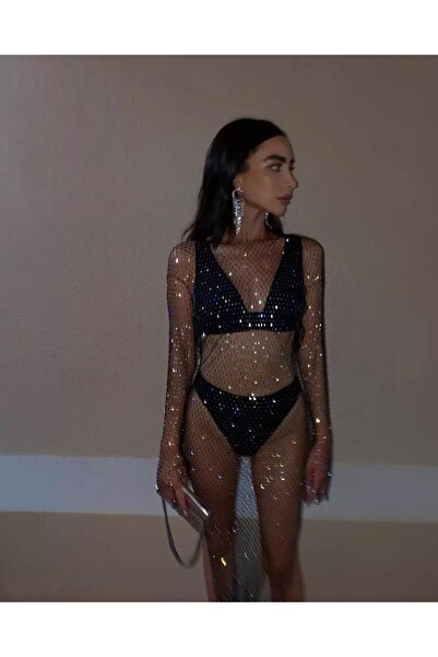 BENDİSTAR BUTİK Crystal Stone Uuzn One Side Slit Evening Dress