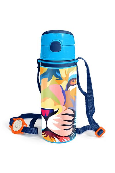 Coral High Kids Dark Blue Saks Lion Patterned Aluminum Flask with Straw 600 Ml 11938