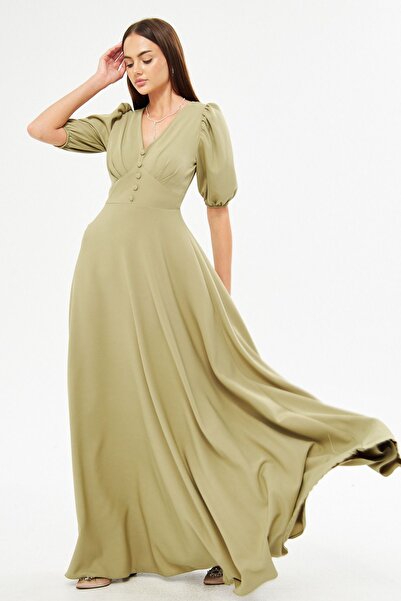 Bidoluelbise Μπαλόνι μανίκι V-λαιμόκοψη Ζώνη κορσάζ Λεπτομέρεια Διακοσμητικό στήθος με πλισέ πλισέ υφαντό ύφασμα Maxi φόρεμα