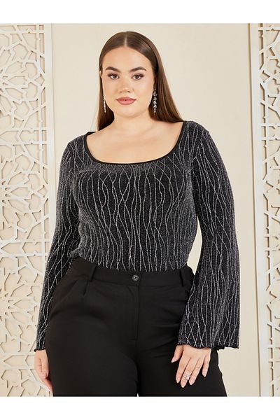 Styli Plus Embellished Abstract Textured Bell Sleeve Fitted Knit Top