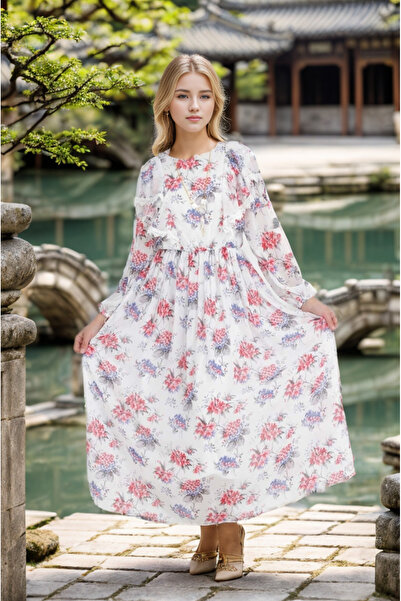 Joui Co Kız Çocuk Uzun Elbise Boydan Tesettüre Uygun Çiçekli Elbise 11 Yaş-12 Yaş-13 Yaş-14 Yaş-15 Yaş