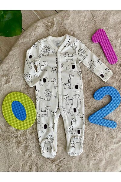 PİEROS White Patterned Baby Jumpsuit with Snap Fasteners - with Booties