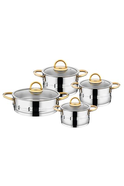 OMS 1121 - 8 Piece Stainless Steel Induction Cookware Set with Silver Body and Gold Detail