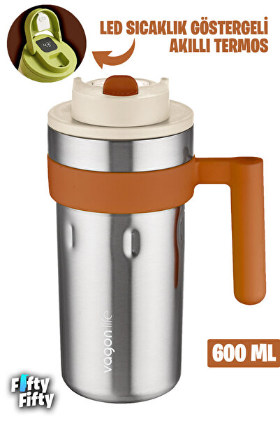 Vagonlife 600 ML LED Sıcaklık Göstergeli Akıllı Çelik Termos Kulplu -Kahve Bardağı-Mug-FFVGN2009