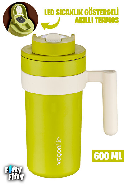 Vagonlife 600 ML LED Sıcaklık Göstergeli Akıllı Çelik Termos Kulplu -Kahve Ba...