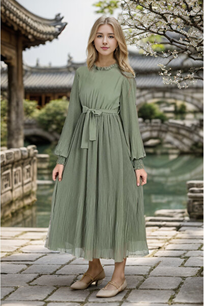 Joui Co فستان بناتي شيفون حجاب أخضر - طويل، 11-16 سنة