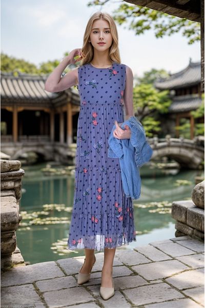 Joui Co Rochie din două piese din denim cu imprimeu floral pentru fetiță de 11-16 ani cu bolero