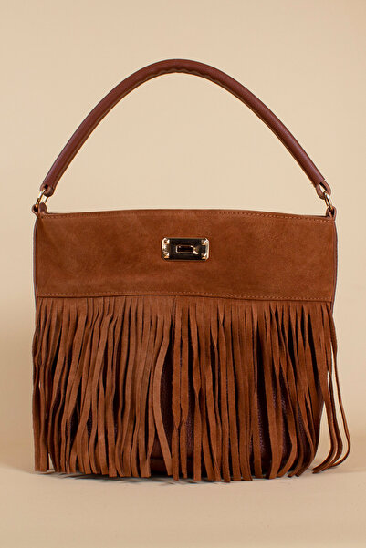 melly bag Kadın Süet Püskül Detaylı Omuz Çantası- Scarlet