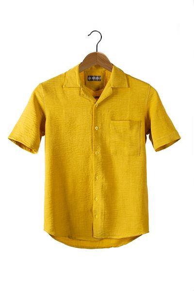 ADEGO Cămașă de vară pentru bărbați, slim fit, galben muștar - mânecă scurtă, bumbac solid