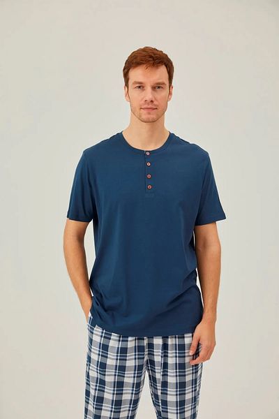 Pamuk & Pamuk Men's Short Sleeve Cotton-Modal Pajama Set - Plaid Patterned Bottom