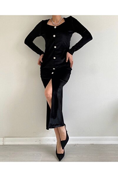 Afiş Butik Siyah Inci Düğmeli Kadife Elbise