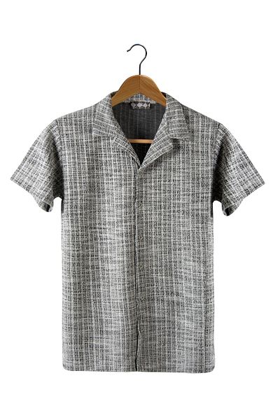 ADEGO Ανδρικό καλοκαιρινό πουκάμισο Anthracite Slim Fit ριγέ βαμβακερό - κοντομάνικο