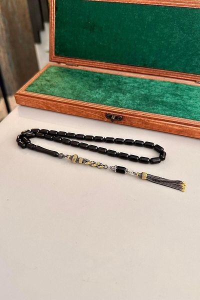 dergah tesbih Erzurum Oltu Stone Twist Silver Rosary - Capsule Model, 6x10 mm