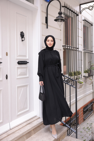 Esre Store Μοντέλο 2587 - Μαύρο Φόρεμα Τεσεττούρ, με ζώνη