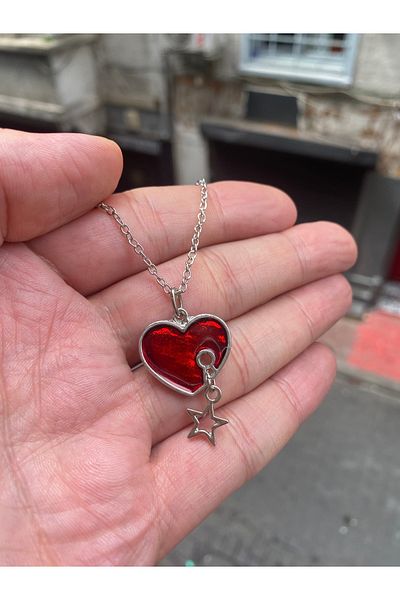 Köstebek Star Patterned Red Heart Necklace
