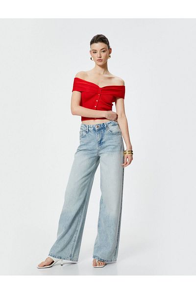 Koton Ribbed Off-the-Shoulder Short Sleeve Buttoned