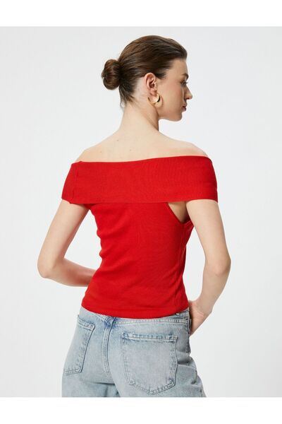Koton Gerippt Off-the-Shoulder Kurzarm Geknöpft