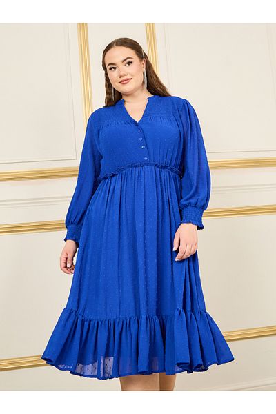 Styli Plus Dobby Ruffle Detail A-Line Midi Dress