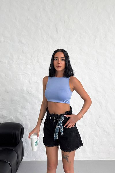 LACHT Bebeb Blue New Season Crop Top - Μηδενικό μανίκι, Διπλό Διπλό, Πολυαμίδιο