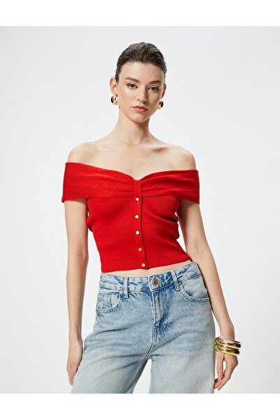 Koton Gerippt Off-the-Shoulder Kurzarm Geknöpft